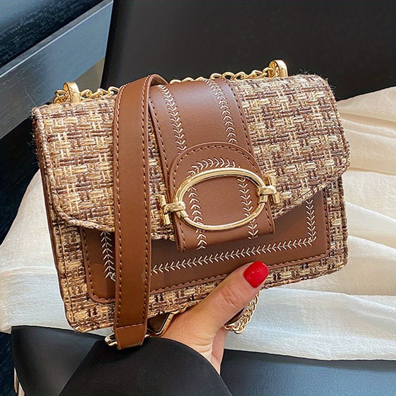Mini Plaid Pattern Tweed Buckle Decor Shoulder Square Bag, Chain Crossbody Flap Purse For Everyday_voghion.com