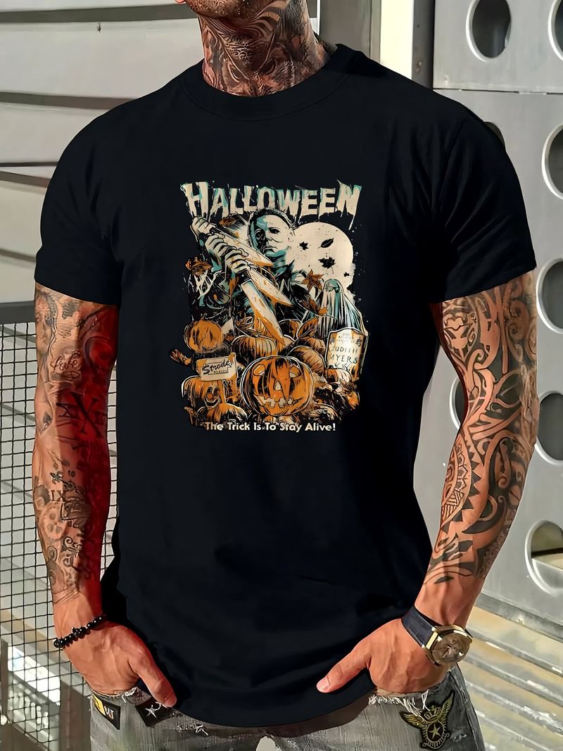 Maglietta "The Trick Is To Stay Alive", maglietta di Halloween, maglietta di film horror, abiti firmati morbidi, grafica comoda, allungata, versatile, leggermente_voghion.com
