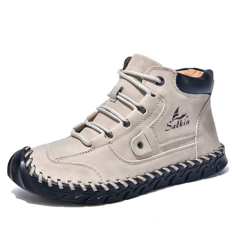 Plus Size Color Block Leather Men's Fashion Hand-Stitched Ankle Boots Flat Lace-Up Casual_voghion.com