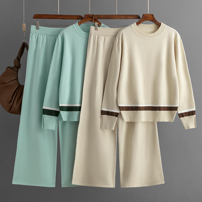 Damen-Anzug in großer Größe, modisch, lässig, Rundhalsausschnitt, lange Ärmel, Schlitz, Farbe, hohe Taille, Freizeithose_voghion.com