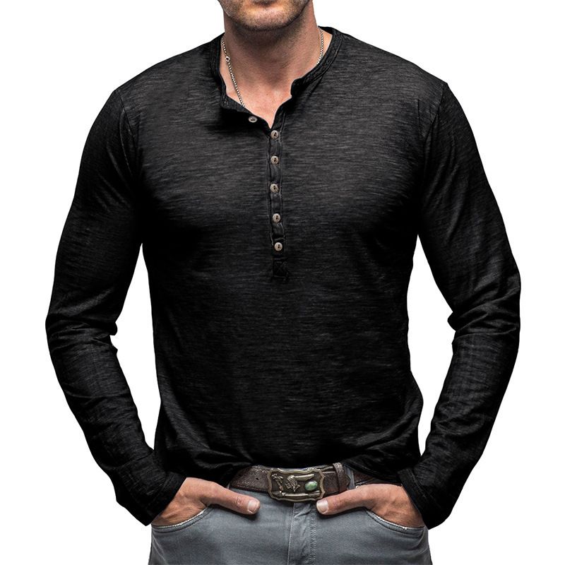 2025 Langarm Herren Top Frühling Herbst Bambus Baumwolle Einfarbig Knopf Henley Shirt Männer_voghion.com