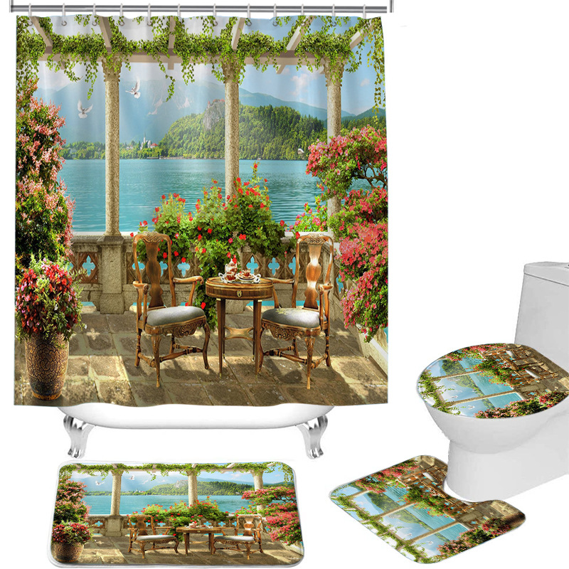 Tenda da doccia per bagno INS Nessuna perforazione Tenda per barriera per doccia da bagno Cortile con vista floreale Tenda da doccia_voghion.com