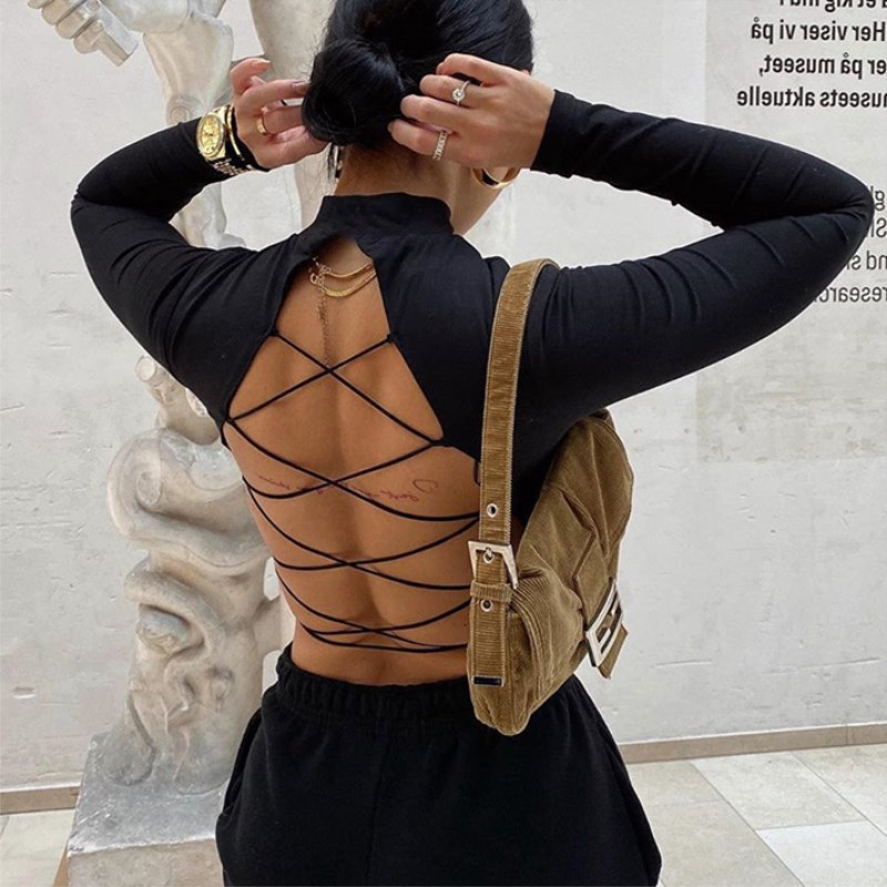 Women's round neck long sleeve sexy halter strap slim-fit T-shirt_voghion.com