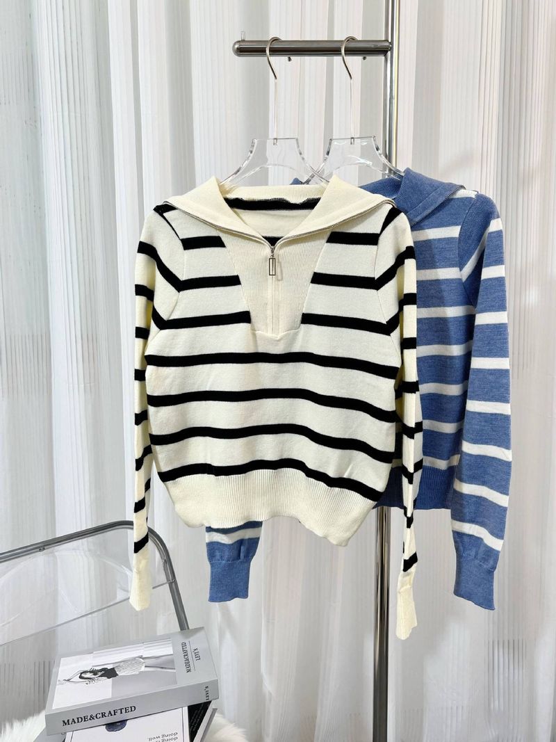 Women's Clothing Zipper Contrast Color Striped Knit Sweater With Zip Collar - Casual Loose Fit Pullover For Autumn Winter, School Style Slimming Top_voghion.com