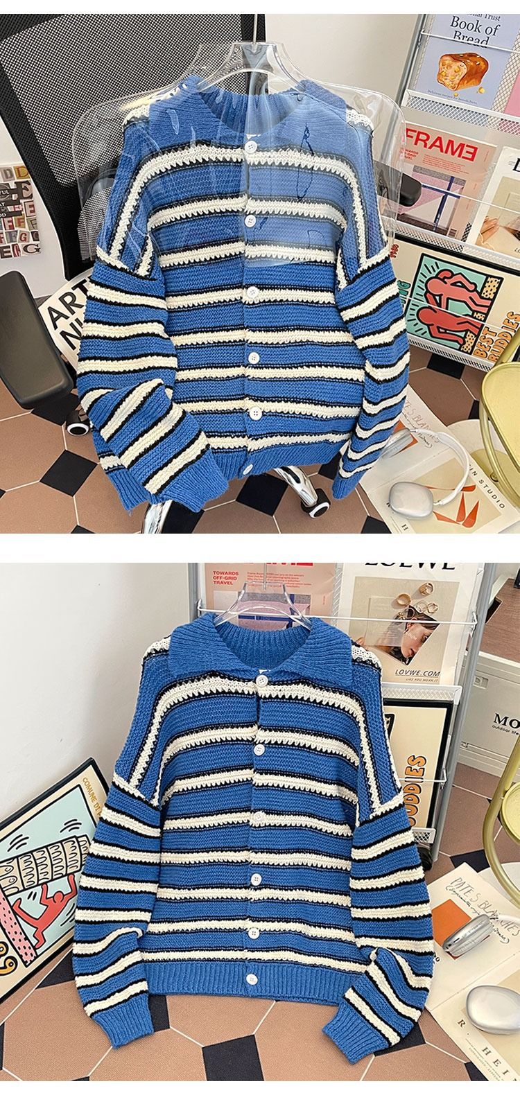 Herrenbekleidung Gestreifte Strickjacke für Herren – Leichter Pullover mit offener Vorderseite und Reverskragen, lässiger, locker sitzender Langarmmantel für den Herbst_voghion.com