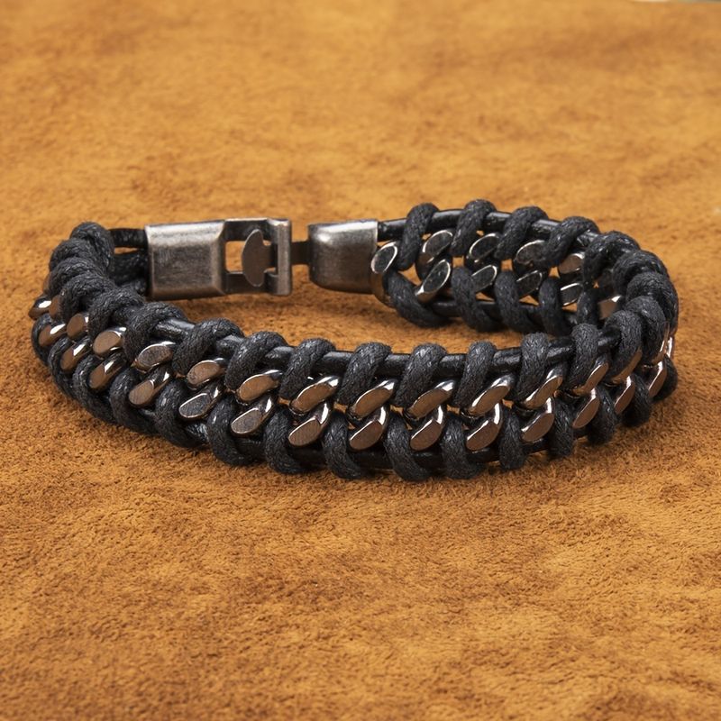 Men's And Women's Rock Punk Style Alloy Chain Genuine Leather Bracelet Wax Rope Braided Motorcycle Halloween_voghion.com