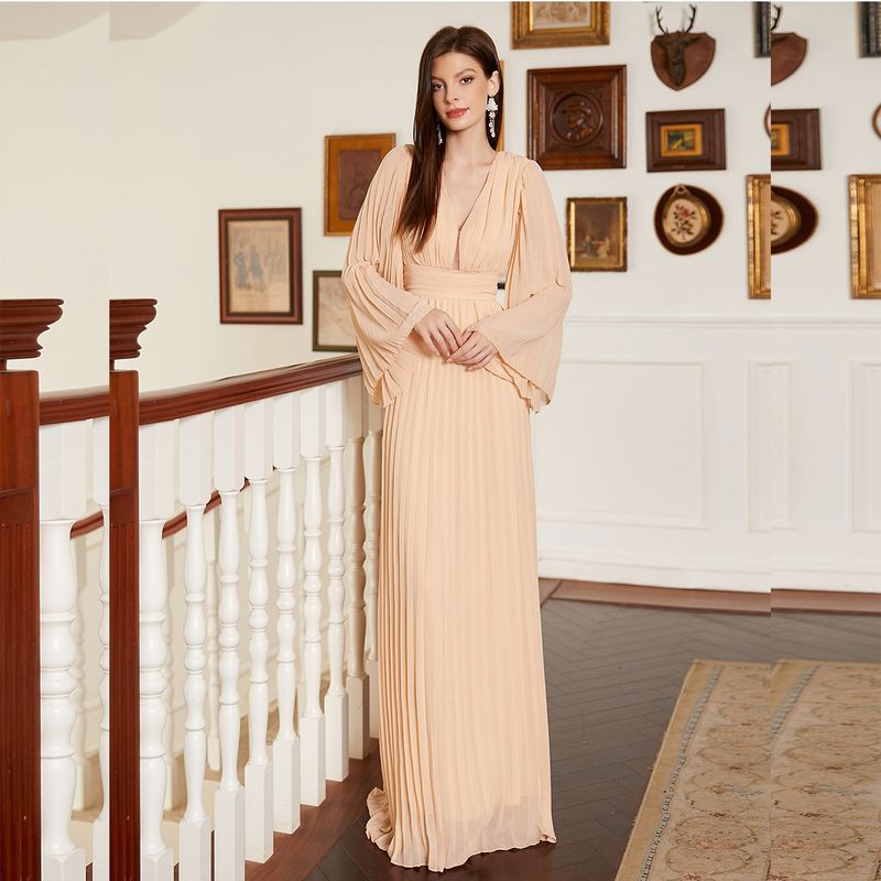 Robe de soirée longue élégante à col en V pour femme - Robe trapèze longue au sol avec volants, décolleté en V profond et manches longues pour banquet ou bal de fin d'année_voghion.com