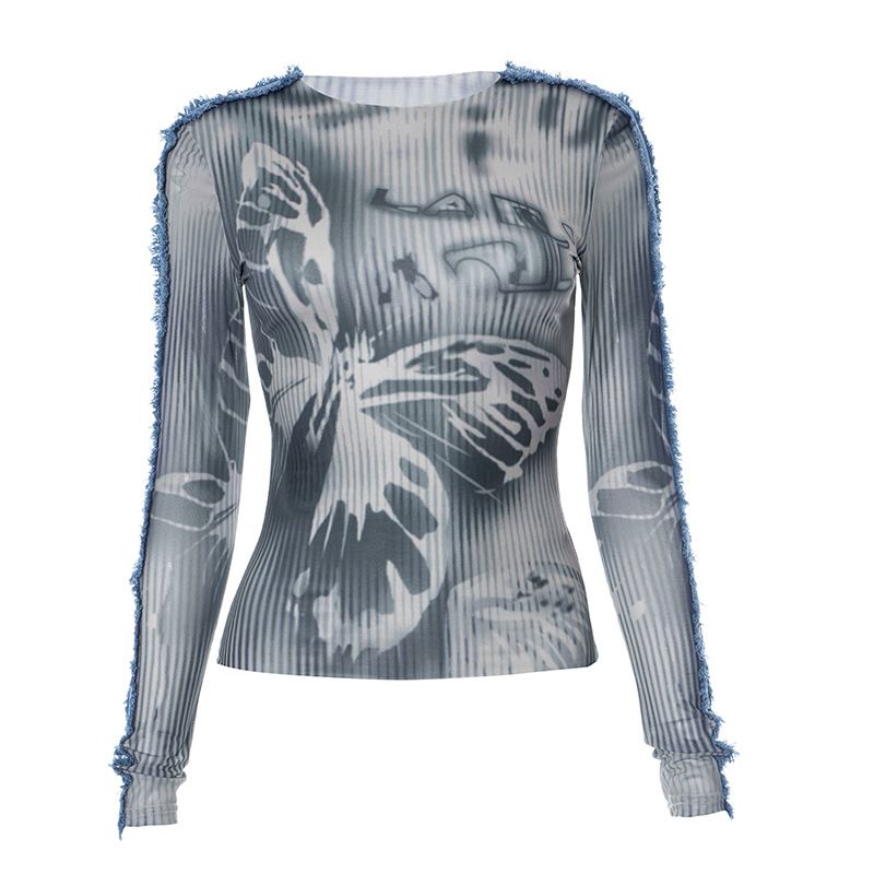 Y23TP416 top aderente a maniche lunghe in denim con stampa a farfalla alla moda, stile autunnale da donna_voghion.com