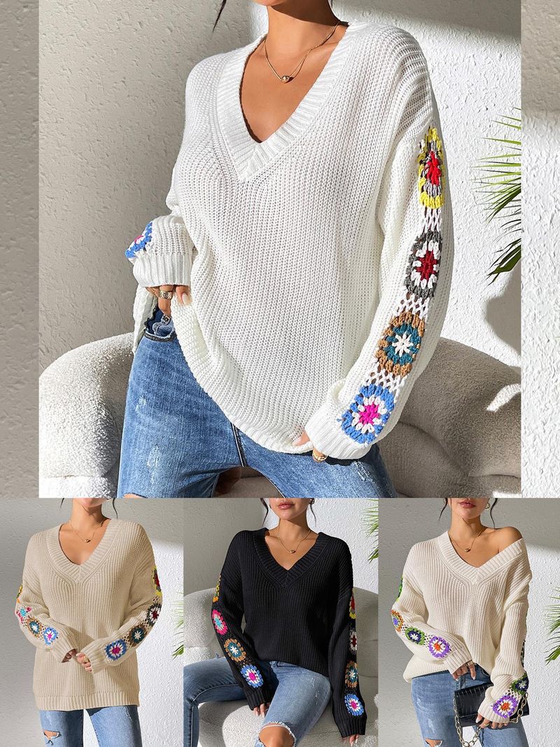 Autumn Winter Women's Top Random Mixed Color Hand Crocheted Patchwork V-Neck Pullover Loose Casual Sweater 675_voghion.com