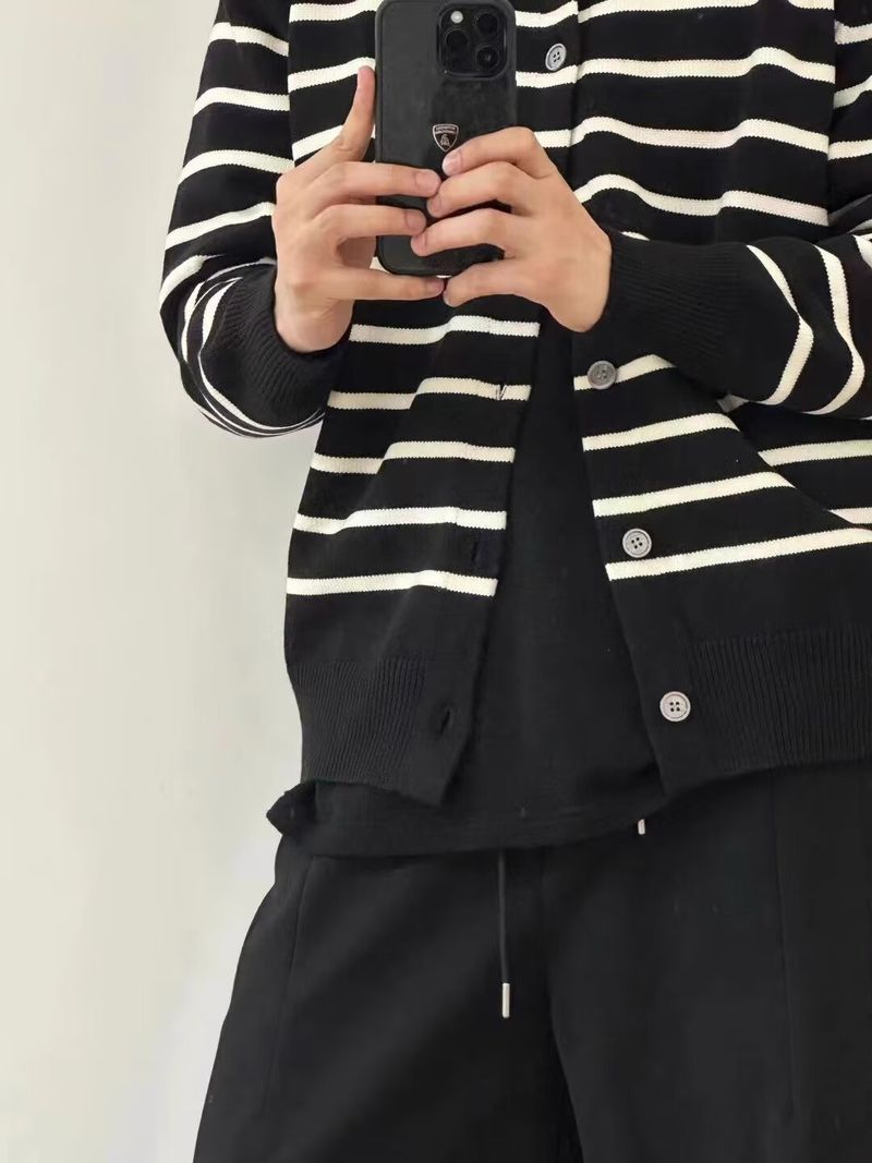 Gestreifter Damen-Strickpullover – Langärmliger, lässiger Mantel mit Knopfleiste vorne, offen, weich und bequem, trendiger College-Stil_voghion.com