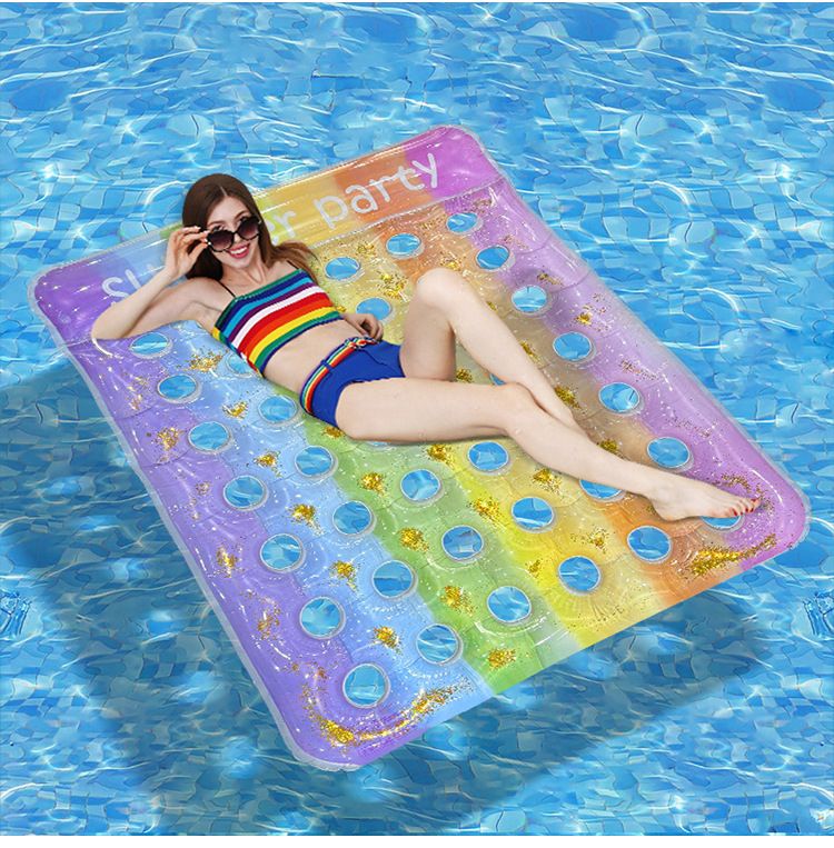 Eco-Friendly Rainbow Inflatable Mat - Heavy-Duty PVC With Glitter Holes & Gradient Colors (200x150cm Double-Sized For Pool/Beach 2-Person Capacity)_voghion.com