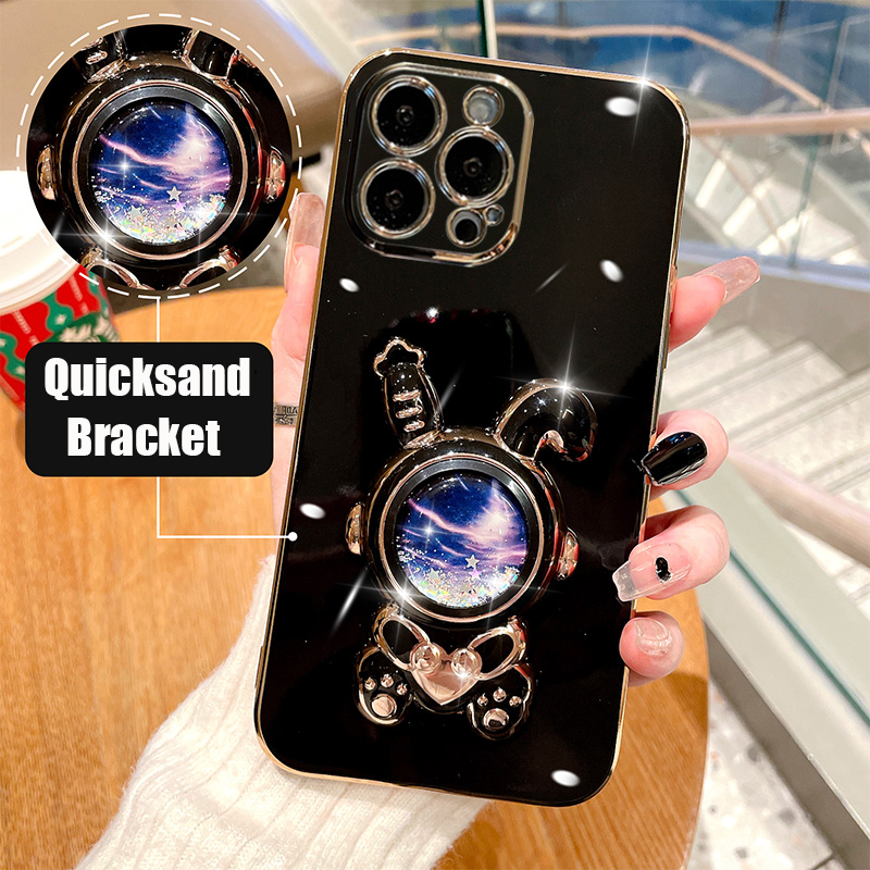Love Heart Rabbit Quicksand Stand Case for iPhone 11 12 13 14 Pro Max Mini 7 8 Plus Xs Max Xr X Glitter Folding Bracket Cover_voghion.com