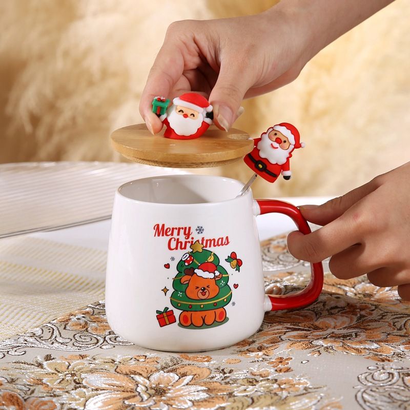 Kubek z pokrywką i łyżeczką, uroczy prezent świąteczny, wysokiej jakości ceramiczny kubek z wizerunkiem Świętego Mikołaja i łosia, pamiątka_voghion.com