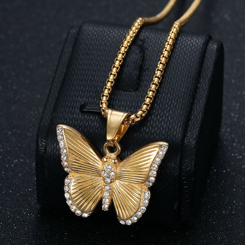 Fashion Simple Jewelry Titanium Steel Gold-Plated Diamond-Studded Butterfly Pendant Necklace_voghion.com