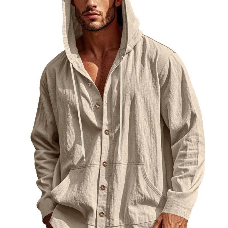 Spring And Autumn American Loose Men's Loose Linen Casual Simple Beach Hooded Long Sleeve Shirt Men_voghion.com