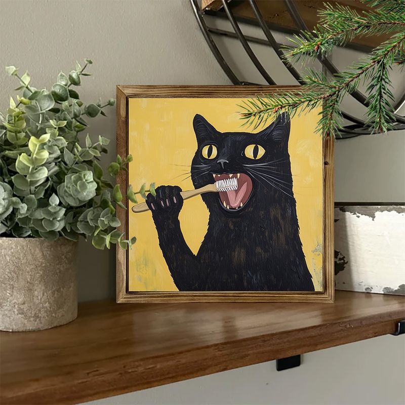 Encantador cuadro de gato negro de 20 x 20 cm con marco de madera, estilo rústico de granja. Gato negro cepillándose los dientes. Idea única de regalo navideño para el hogar, la cafetería y el baño._voghion.com