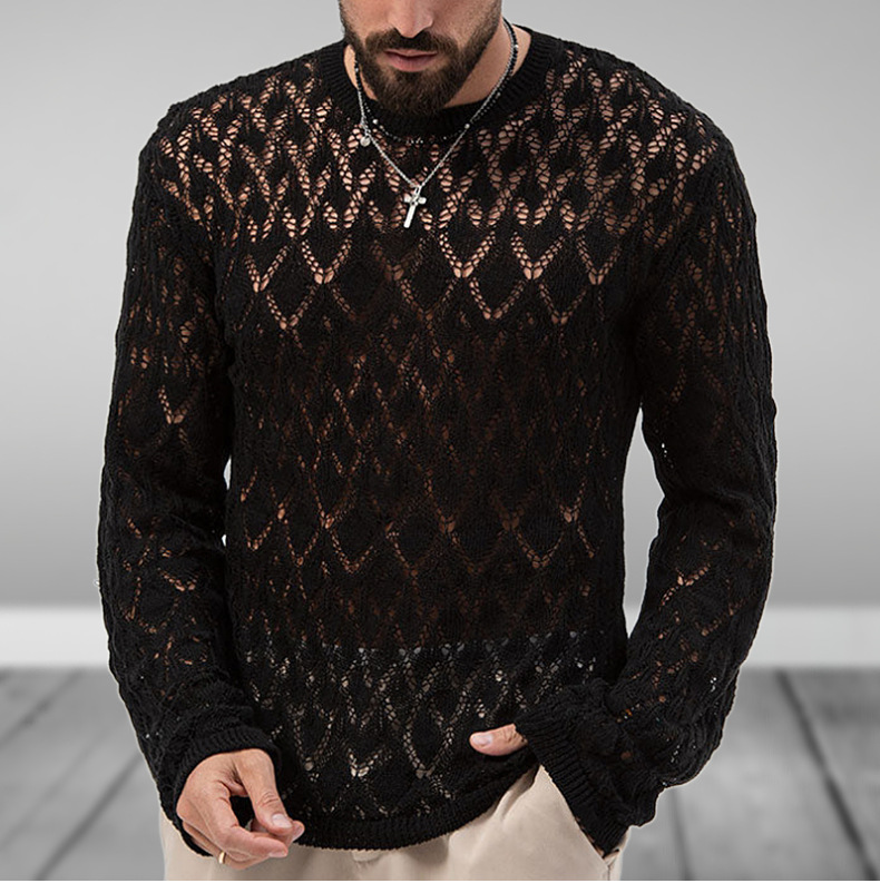Men Knitting Pullover Long Sleeve Thin Clothes Casual Loose Hollow Out Black Sweater Male Round Neck Breathable Solid Jumper Top_voghion.com