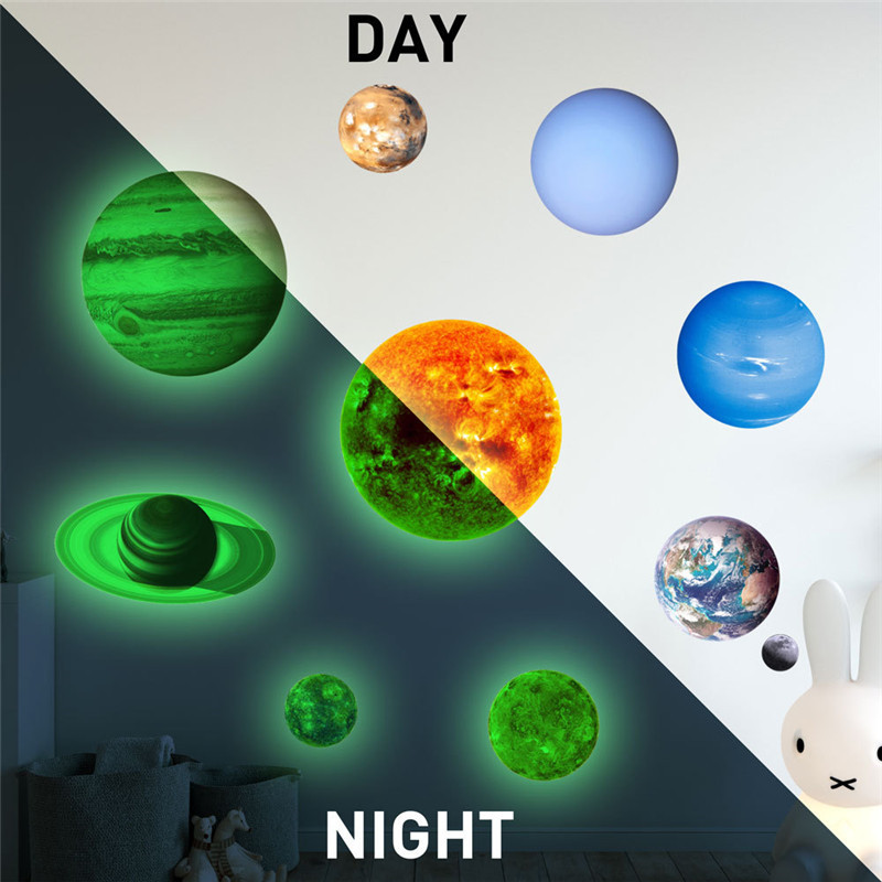Neun Planeten im Sonnensystem-Aufkleber, fluoreszierende Erde, Mond, Glühen, Kinderzimmer-Dekoration, Nachtlicht-Wandaufkleber_voghion.com