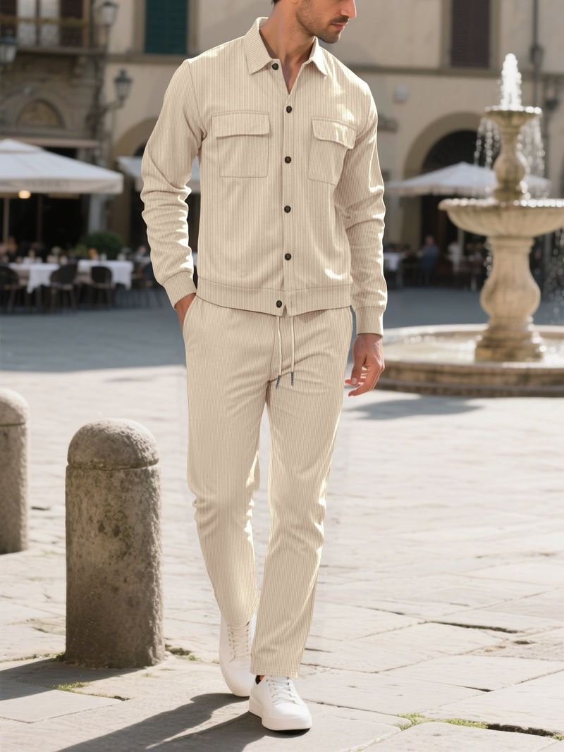 Conjunto de traje informal de pana para hombre: camisa abotonada de color liso con dos bolsillos y pantalón largo a juego._voghion.com