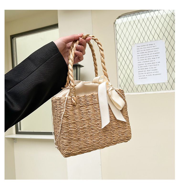 Women's Shoulder Bags Simple Hand-held Woven Bag, Handbag, Bow Tie Storage Basket, Woven Storage, Small Square Bag_voghion.com