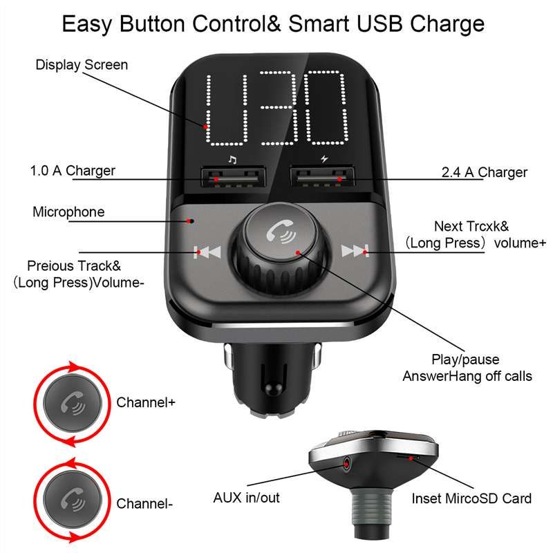 Transmetteur FM Adaptateur radio Bluetooth Kit mains libres pour voiture Chargeur de voiture double USB 3,4 A Lecteur MP3 Support carte TF Disque U Musique_voghion.com