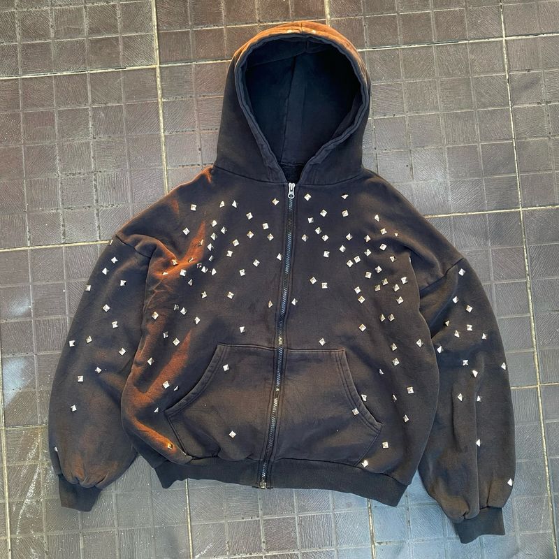 Herrenbekleidung, Hot Diamond Design Printed Loose Unisex Retro Hoodie mit Strass-Print – Übergroße Streetwear-Jacke mit Reißverschluss für Männer und Frauen_voghion.com