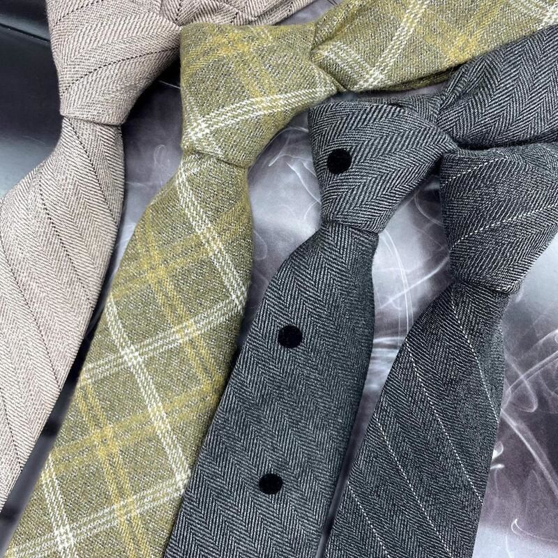 Autumn Winter Wool Hand Tie Men Korean Version 6CM Retro British Plaid Striped Gray Coffee Color Casual Versatile_voghion.com