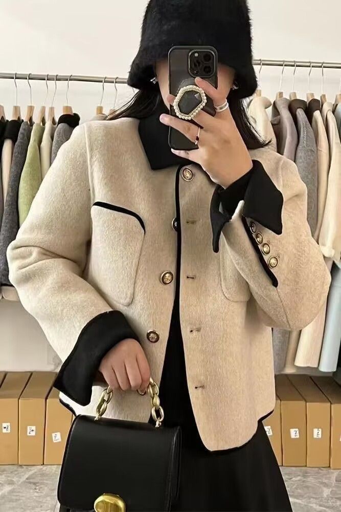 Kurzer Wollmantel für Damen – modische Oberbekleidung für Herbst und Winter, eleganter Blazer mit lockerer Passform, lässig-schickes Design, passt in kleine Größen, Grau und Beige_voghion.com