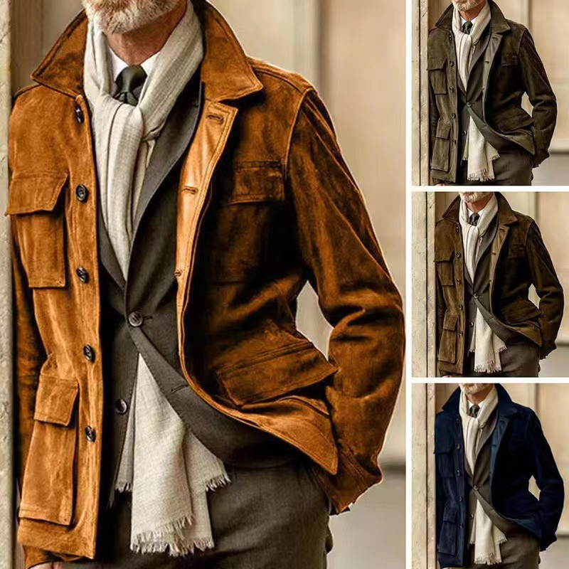 Men's cowhide fleece casual coat windbreaker with pockets_voghion.com