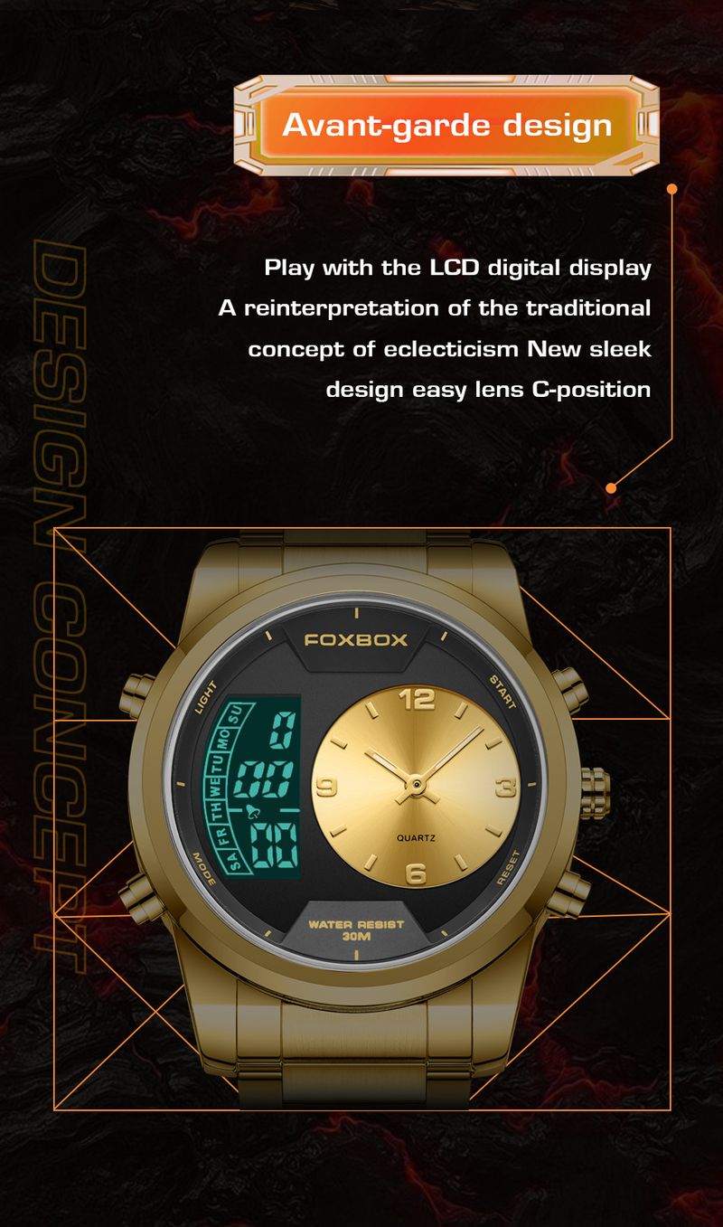Men's Waterproof Luminous Analog Digital Watch With Alarm Chronograph, Stainless Steel Band, Mineral Glass, 43mm Round Case_voghion.com