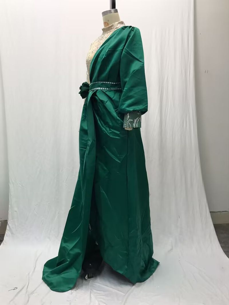 Evening Party Dress Women Elegant Beading Side Split Satin Lantern Sleeve Green Wedding Prom Gown Long Maxi Dresses 2025_voghion.com