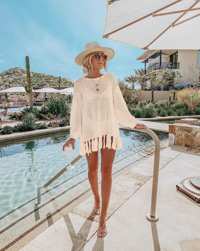 Women's Crochet Lace Fringe Beach Cover Up – Boho Chic Bikini Wrap, Lightweight Sun Protection Shirt, One Size Fits All_voghion.com