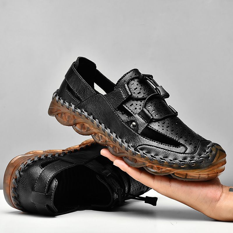 Unschlagbare Qualität Italienische Sommersandalen Herren Leder Atmungsaktiv Perforiert Mit Weichen Sohlen Und Anti-Rutsch Outdoor Strandschuhe_voghion.com