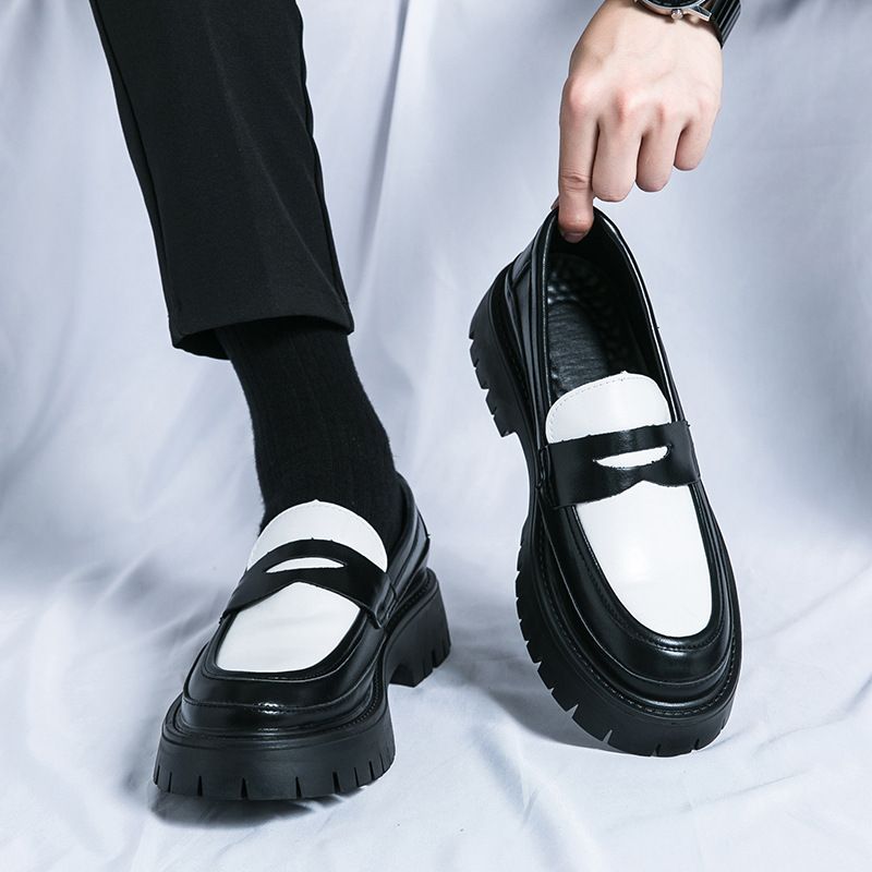 Euro Step British Style Men's Black And White Two-Tone Leather With Hidden 6CM Increase, Youth Lazy Slip-On Thick Sole Height_voghion.com