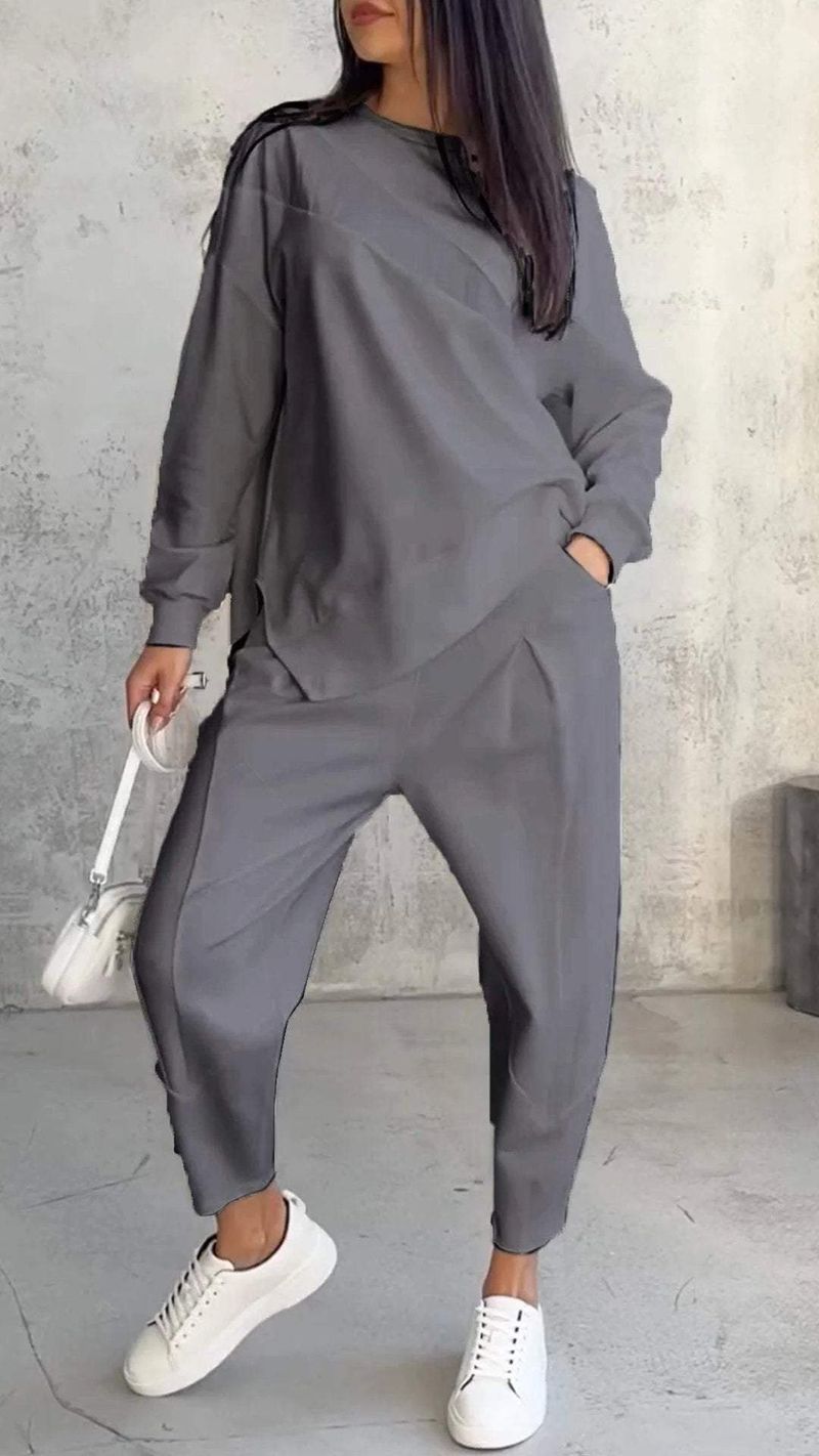 Women's Oversized Drop-Shoulder Sweatshirt & Jogger Set – Streetwear Lounge Wear With Asymmetrical Hem_voghion.com