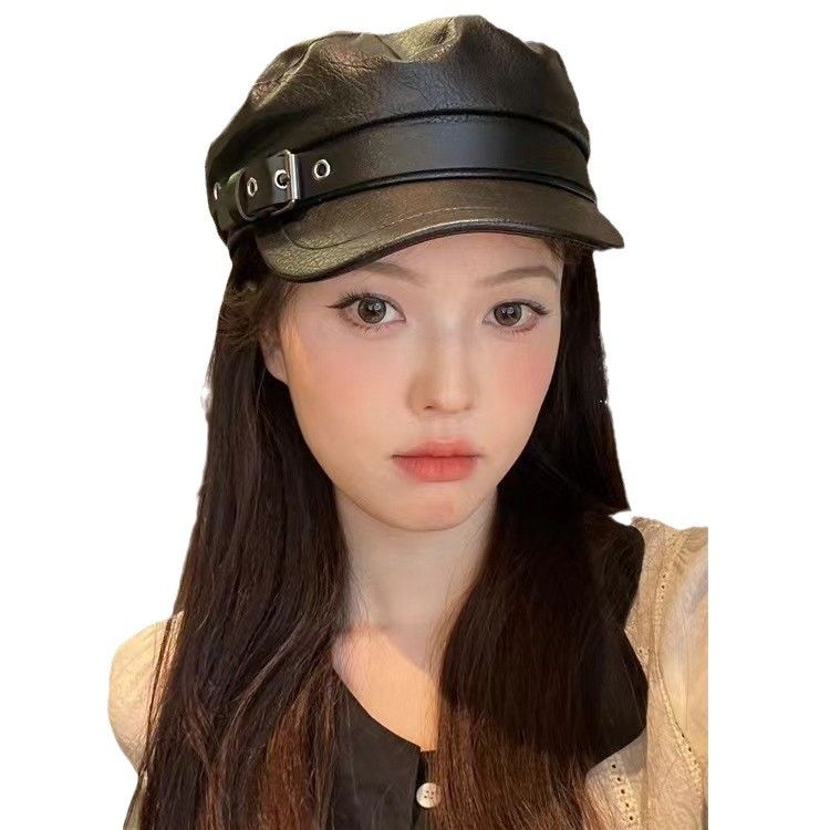Black PU Full Navy Men, British Style Buckle Baseball Cap, Fashionable Octagonal For Women, Spring And Autumn Casual_voghion.com