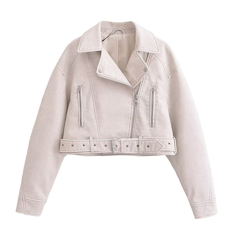Damen-Bikerjacke aus Kunstleder – Slim Fit Kurzmantel mit Gürtel, V-Ausschnitt, langen Ärmeln (Weiß, Schwarz, Grau, Armeegrün, Dunkelbraun)_voghion.com