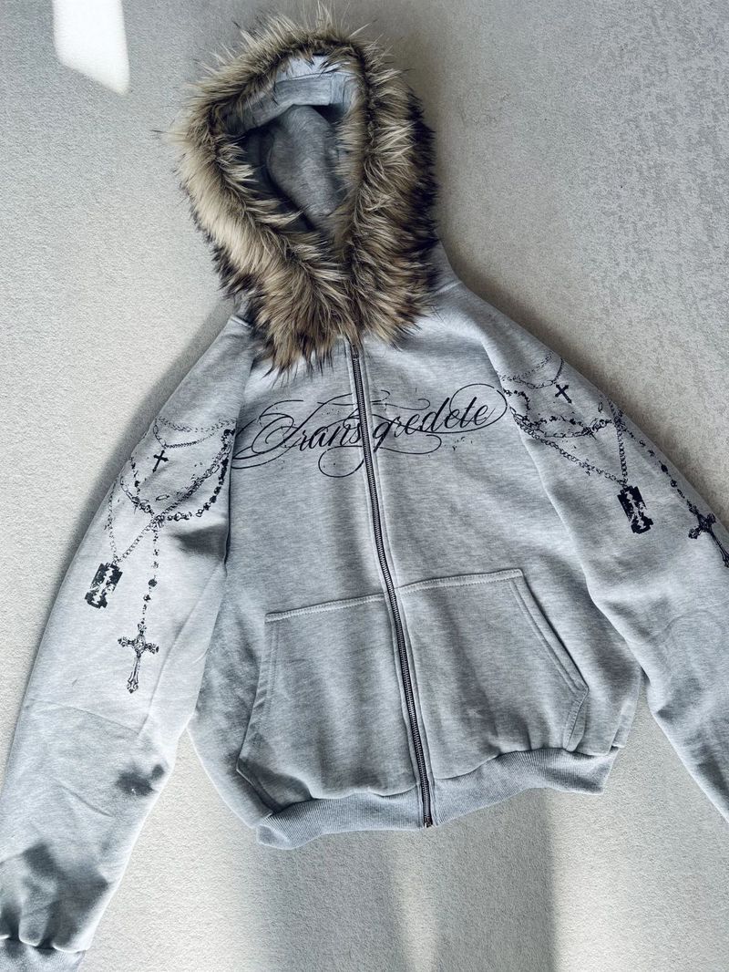 Unisex High Street Kapuzen-Sweatshirt mit Reißverschluss, abnehmbarem Kunstpelzbesatz und Grafikdruck – Übergroße Passform für Streetwear-Mode_voghion.com