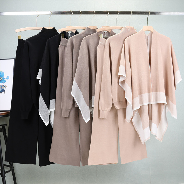 shawl knitted sweater loose wide-leg pants three-piece suit casual coat sweater suit female autumn_voghion.com