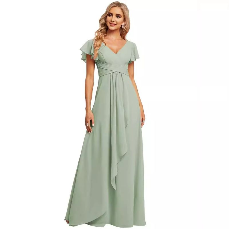 Chiffon Bridesmaid Dress With Split V-neck High Waisted A-line Ballroom Dress_voghion.com