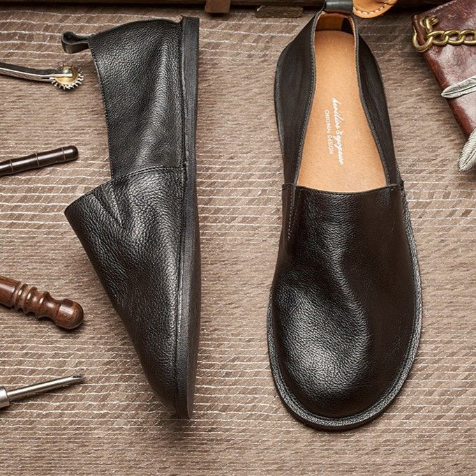 Sommer-Fischerschuhe, handgenähte Halbschuhe aus echtem Leder für Herren, chinesische Ein-Fuß-Lazy-Schuhe mit weicher Sohle E25_voghion.com