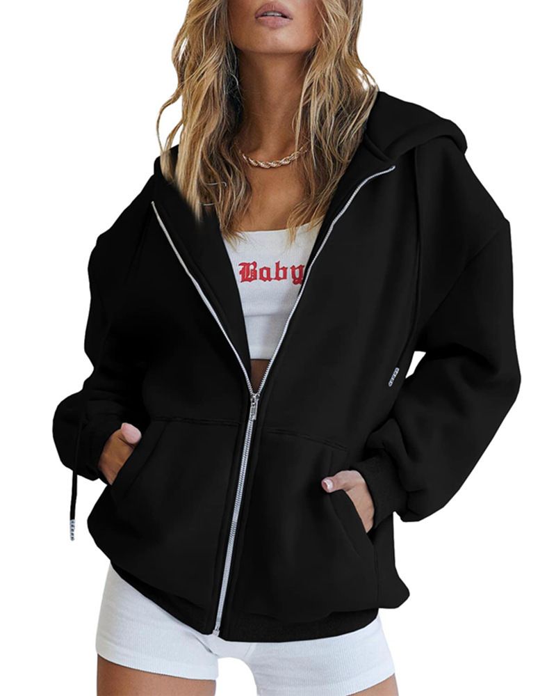 Women's Clothing Women's Cute Hooded Jacket With Drawstring - Oversized Zip-Up Sweatshirt For Teens & Girls - Cozy Fall Outerwear In Multiple Colors_voghion.com