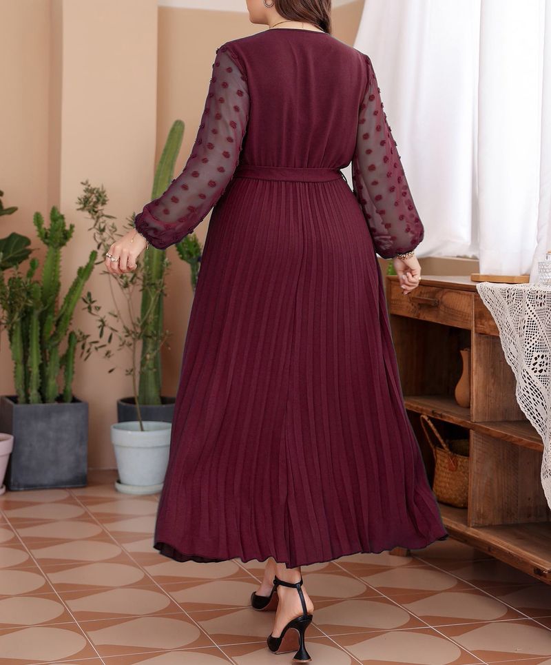 Elegant Mesh Panel Maxi Dress For Women V-Neck Long Sleeve Plus Size Dress (0XL-4XL) | Breathable Polyester A-Line Dress For Work & Evening_voghion.com