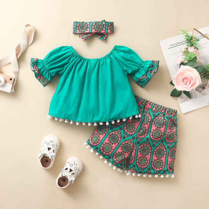 Haine pentru bebeluși, vară, fete, costum boem la modă retro, costum pentru fete, cu mânecă trompetă, top din dantelă, pantaloni scurți, set de trei piese cu ciucuri_voghion.com