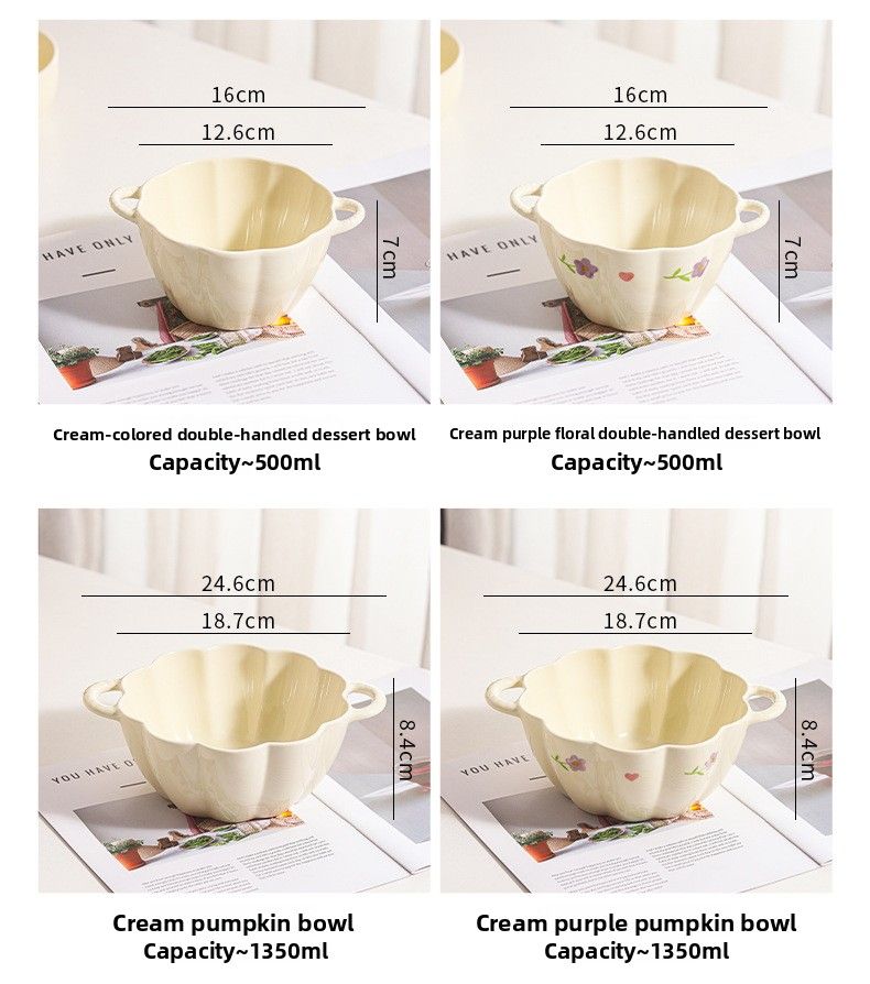 Wisteria Cream Style Ins Set Household Rice Ceramic Plate Double Ear Noodle Large Soup Bowl With Spoon_voghion.com