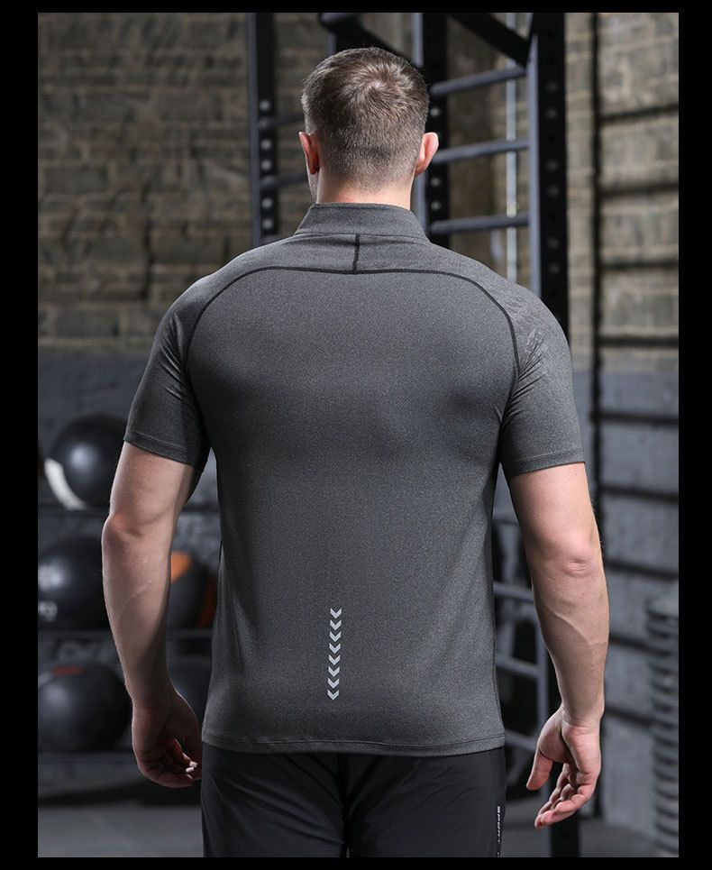 T-shirt de fitness d'été pour homme, demi-fermeture éclair, col montant, séchage rapide, haute élasticité, respirant, moulant_voghion.com