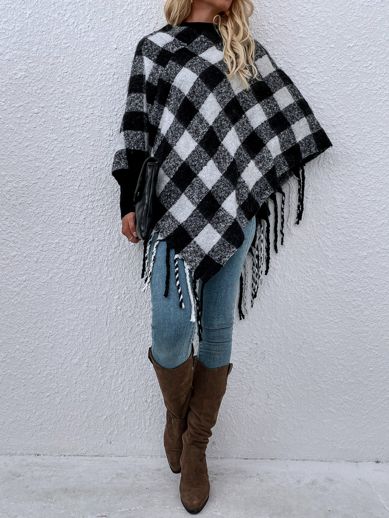 Maglieria da donna maglione a secchiello in pongee con scialle con frange a quadri mille uccelli_voghion.com