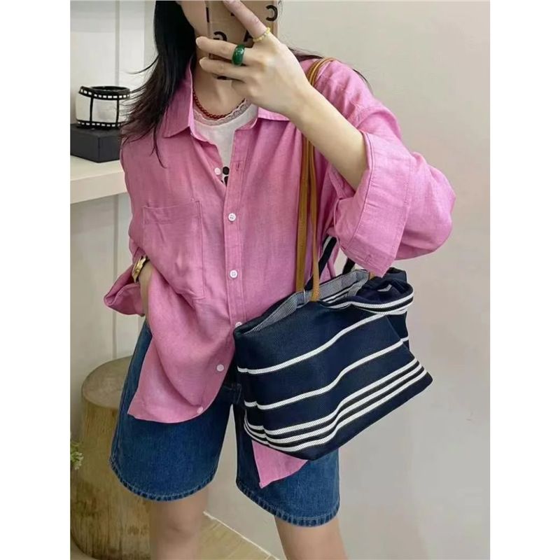 Denim Tote For Women, Large Capacity, Color-Block Striped, Casual Vacation Beach Handheld Canvas Bag, Shoulder Bag_voghion.com