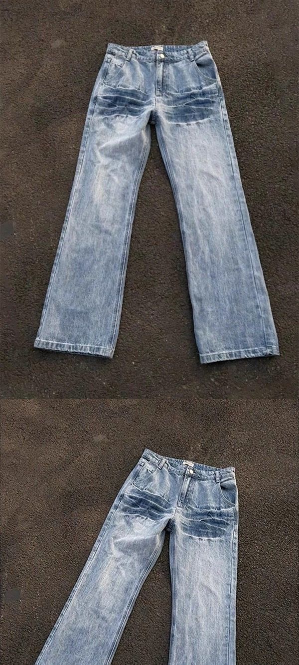 Light Blue Lightning Wash Jeans – Men’s Cleanfit Vintage Bootcut Denim (Curved Hem, Streetwear Style)_voghion.com
