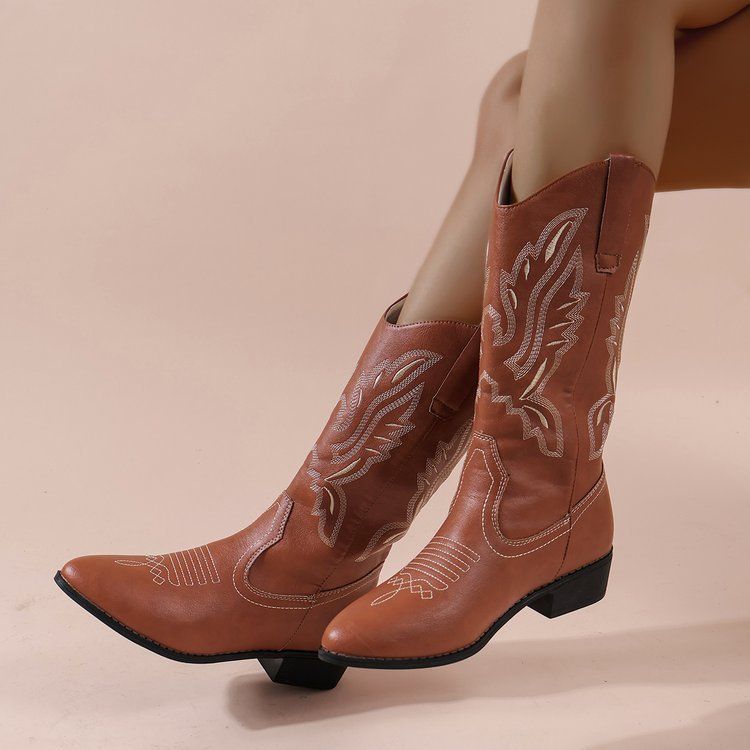 2023 New Chunky Heel Western Cowboy V-Cut Embroidered Slip-On Mid-Calf Pointed Toe Riding Boots_voghion.com